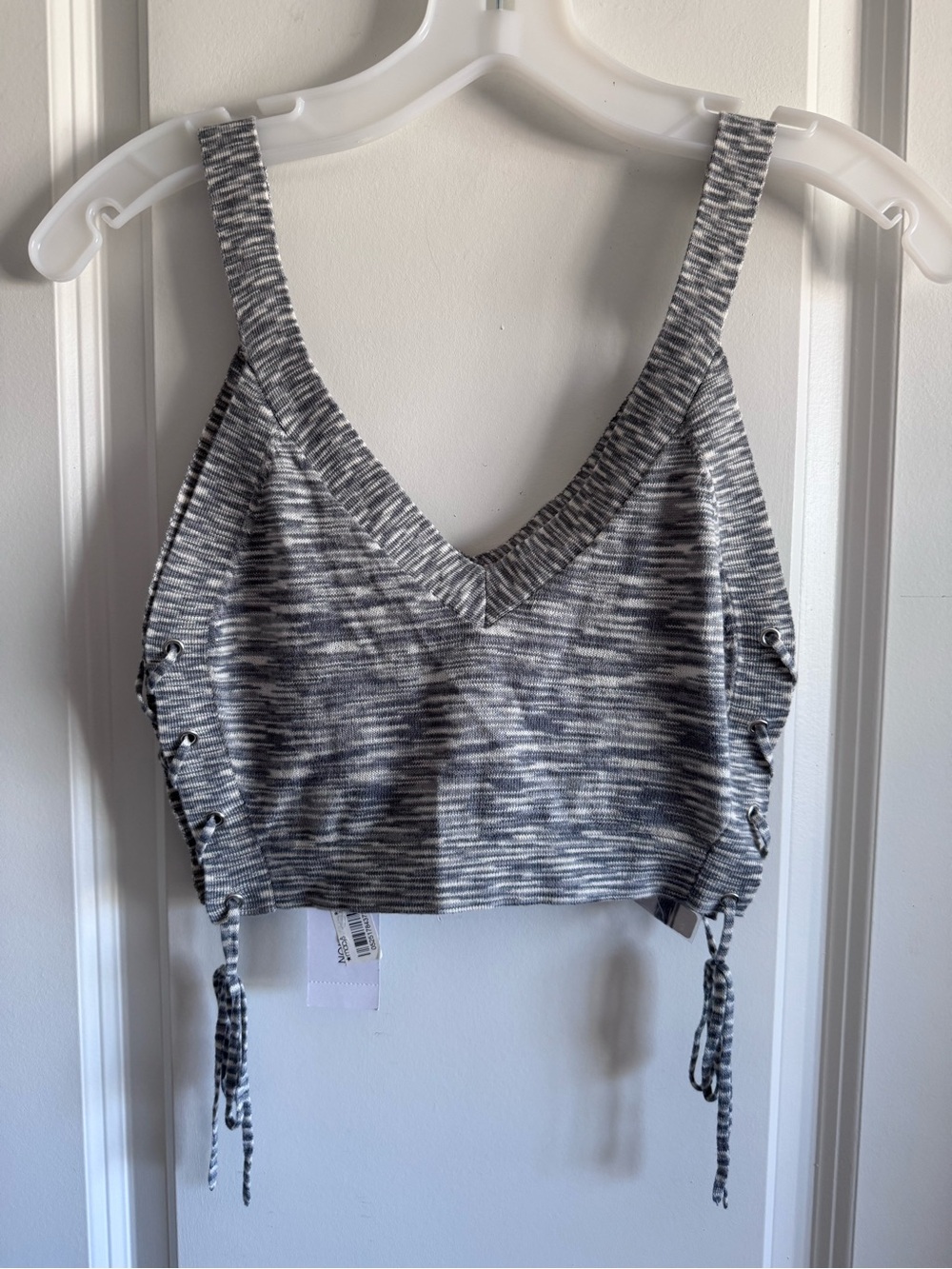 BCBGeneration Gray Marled V-Neck Lace-Up Crop Tank